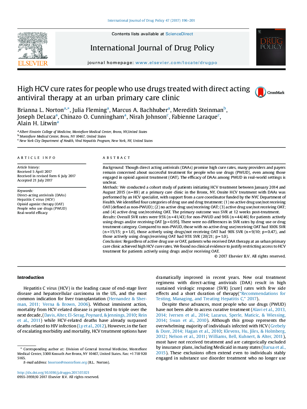 High HCV cure rates for people who use drugs treated with direct acting antiviral therapy at an urban primary care clinic