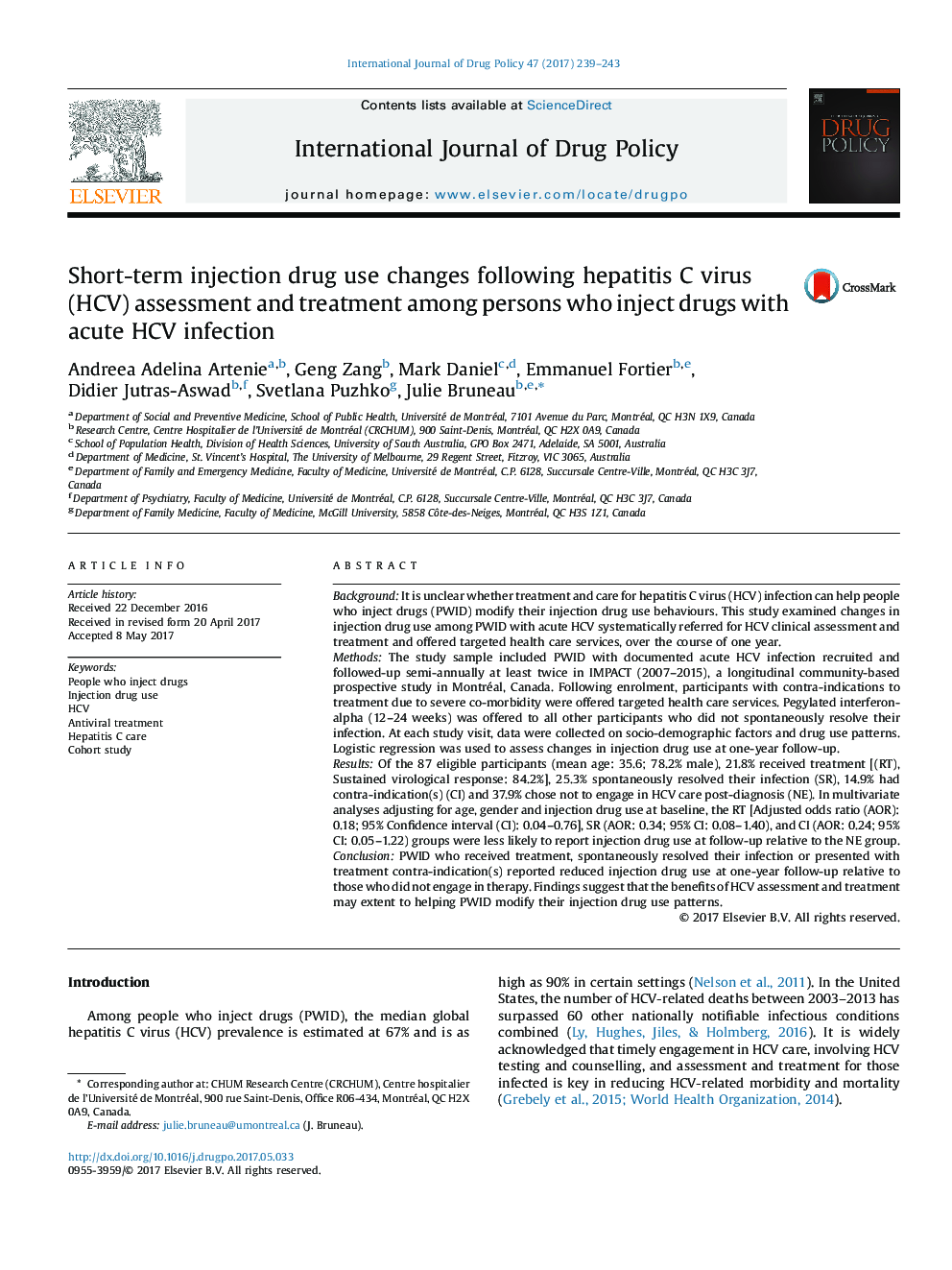 Short-term injection drug use changes following hepatitis C virus (HCV) assessment and treatment among persons who inject drugs with acute HCV infection