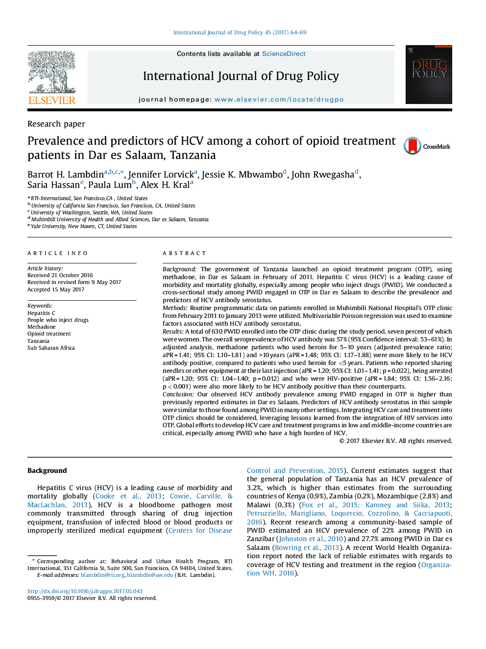 Prevalence and predictors of HCV among a cohort of opioid treatment patients in Dar es Salaam, Tanzania