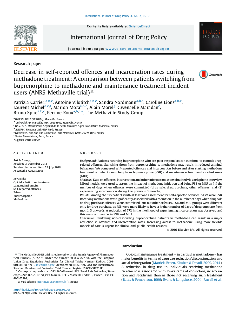 Decrease in self-reported offences and incarceration rates during methadone treatment: A comparison between patients switching from buprenorphine to methadone and maintenance treatment incident users (ANRS-Methaville trial)