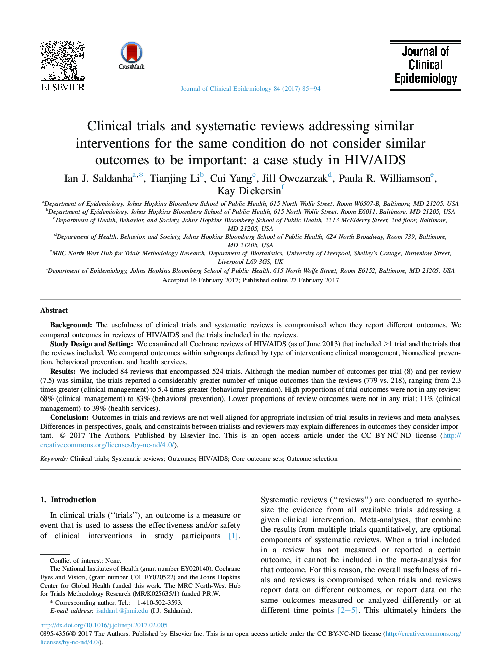 Clinical trials and systematic reviews addressing similar interventions for the same condition do not consider similar outcomes to be important: a case study in HIV/AIDS