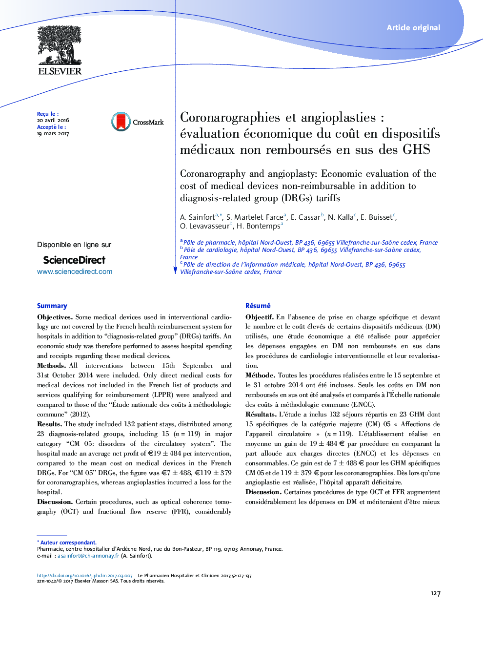 Coronarographies et angioplastiesÂ : évaluation économique du coÃ»t en dispositifs médicaux non remboursés en sus des GHS