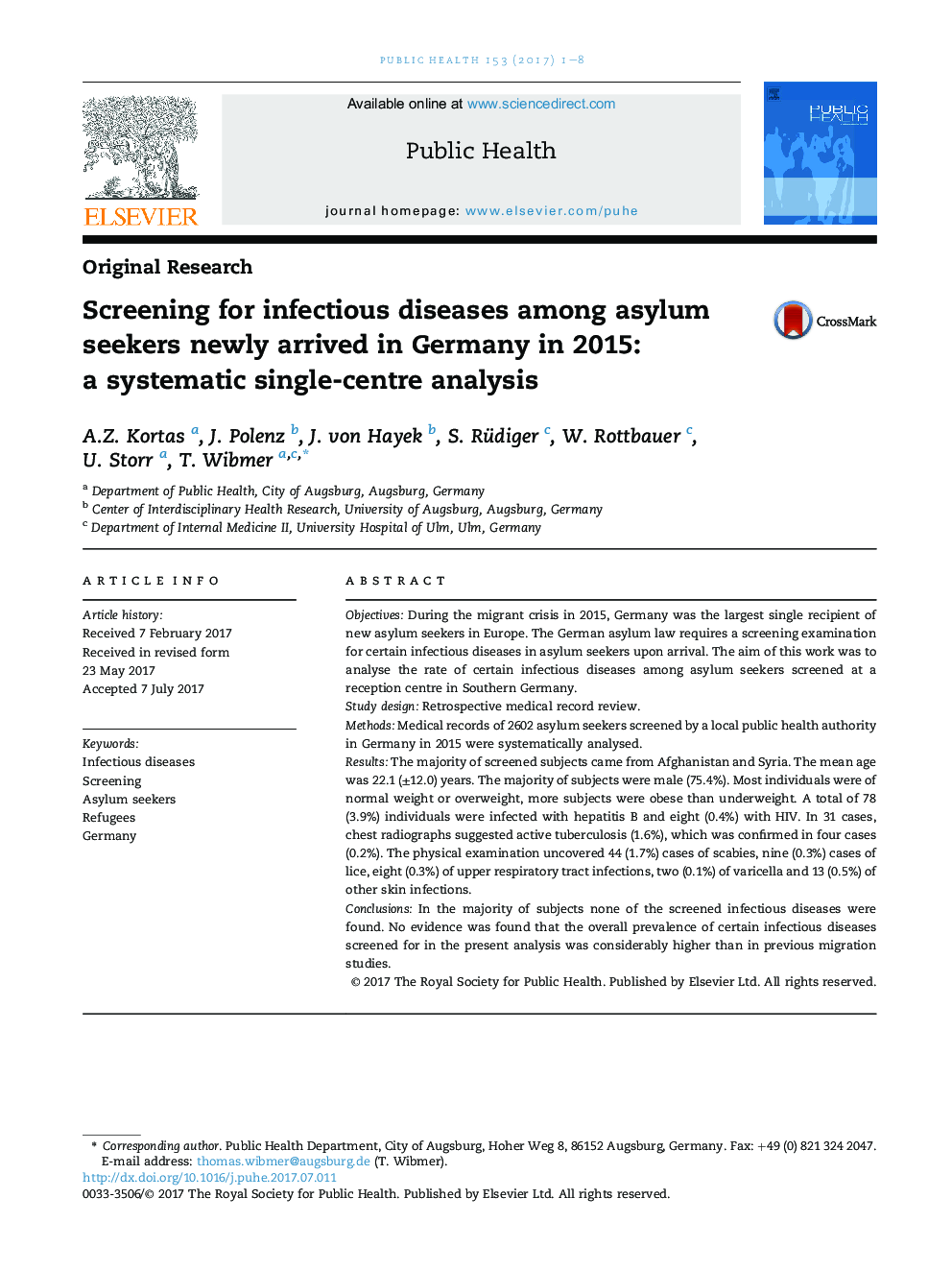 Screening for infectious diseases among asylum seekers newly arrived in Germany in 2015: aÂ systematic single-centre analysis