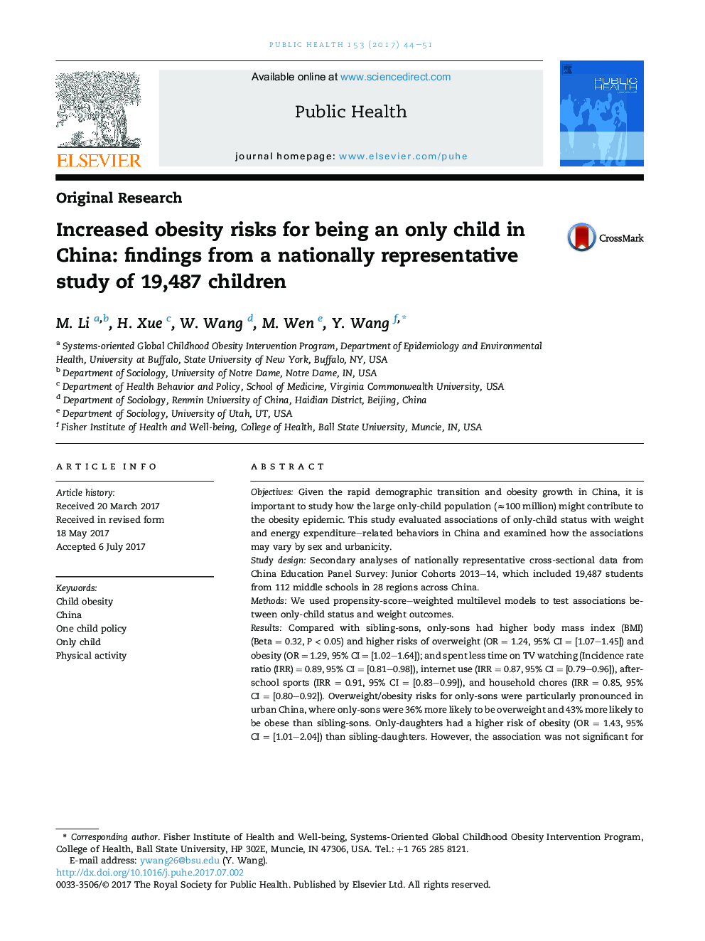افزایش ریسک چاقی برای داشتن یک کودک تنها در چین: یافته های یک مطالعه نمایندگی ملی از 19487 کودک 