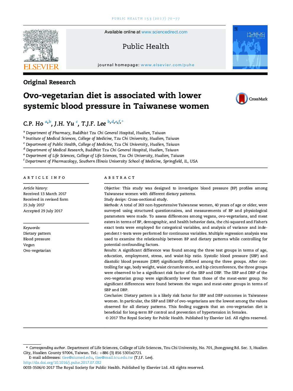 Ovo-vegetarian diet is associated with lower systemic blood pressure in Taiwanese women