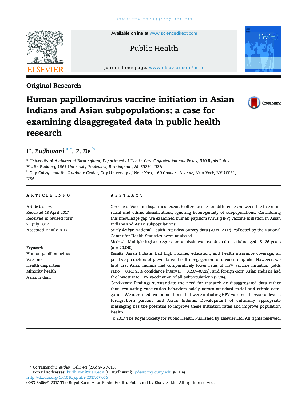 آغاز واکسن انسانی پاپیلومای در سرخپوستان آسیایی و زیرمجموعه های آسیایی: مورد برای بررسی داده های جمع آوری شده در تحقیقات بهداشت عمومی 