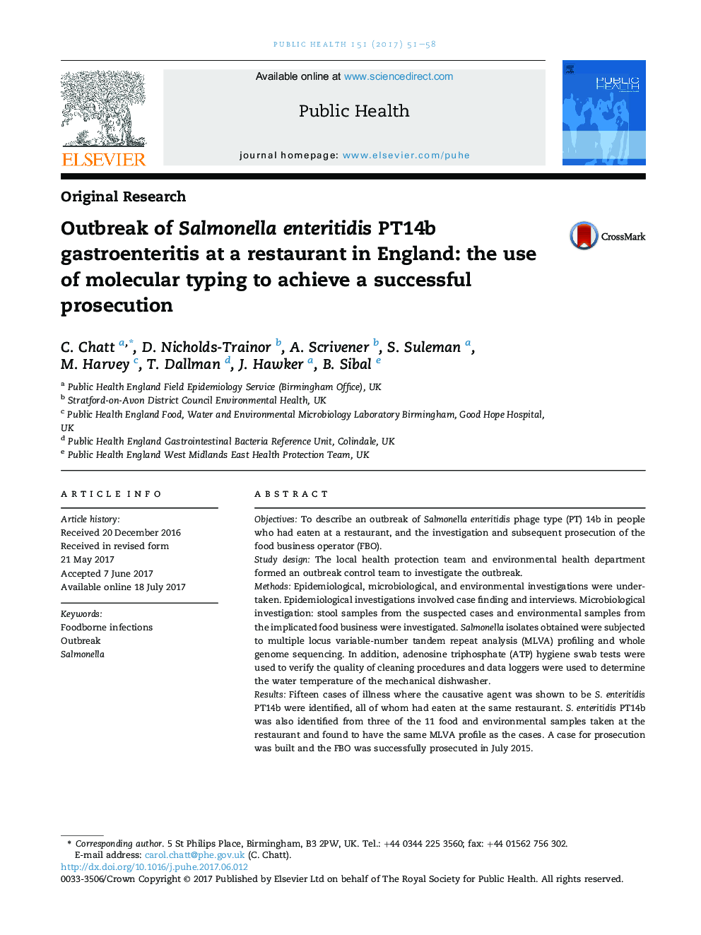 Outbreak of Salmonella enteritidis PT14b gastroenteritis at a restaurant in England: the use of molecular typing to achieve a successful prosecution
