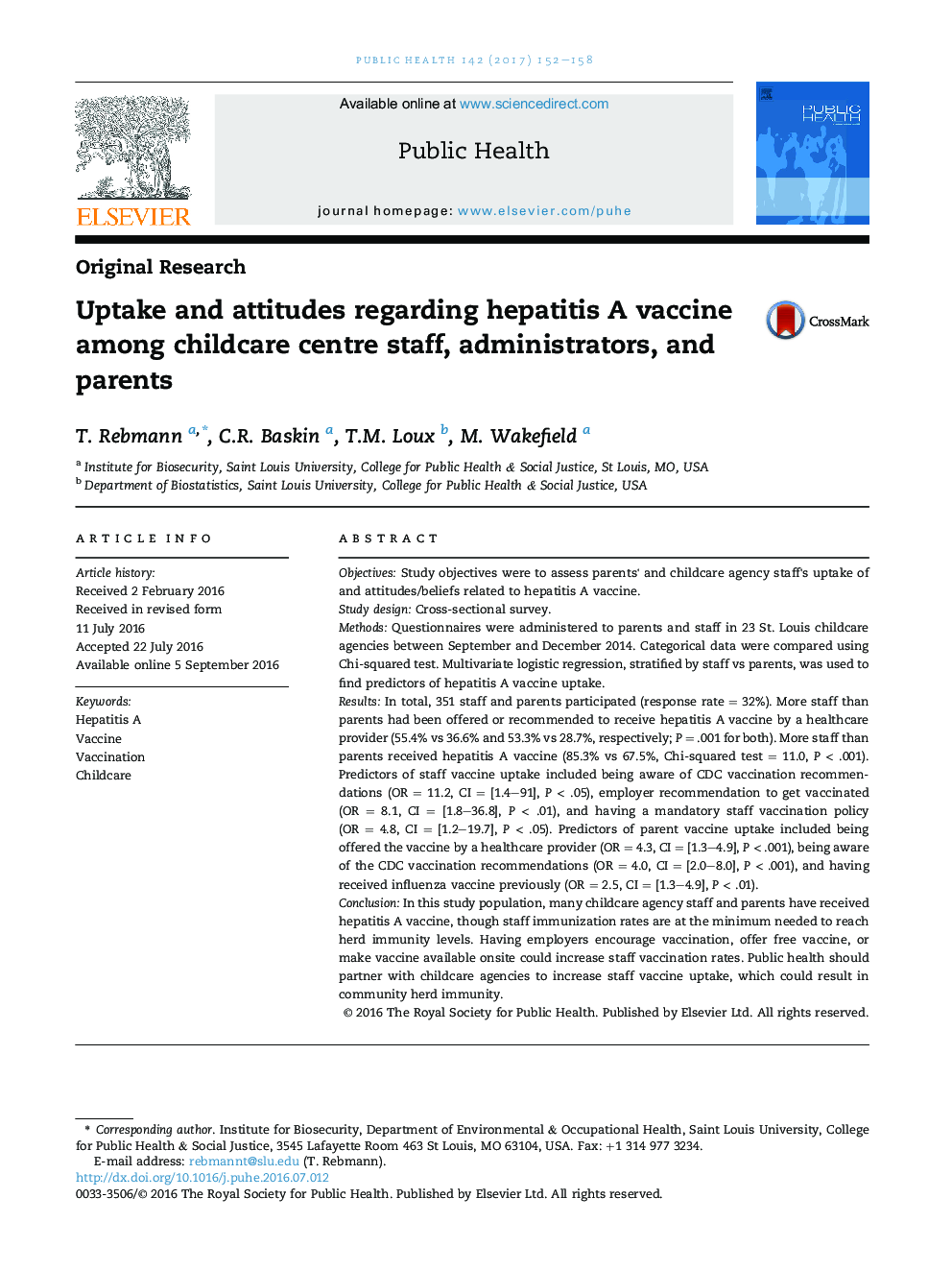 Uptake and attitudes regarding hepatitis A vaccine among childcare centre staff, administrators, and parents