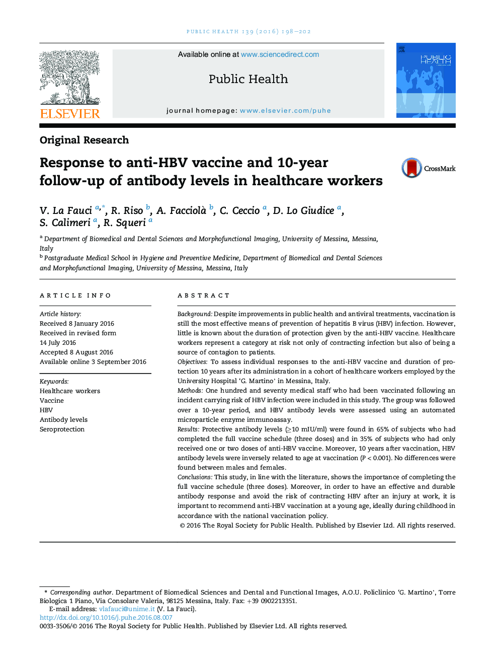 Response to anti-HBV vaccine and 10-year follow-up of antibody levels in healthcare workers