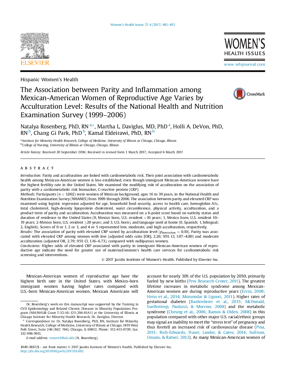 The Association between Parity and Inflammation among Mexican-American Women of Reproductive Age Varies by Acculturation Level: Results of the National Health and Nutrition Examination Survey (1999-2006)