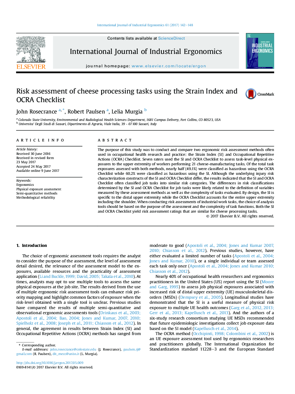 Risk assessment of cheese processing tasks using the Strain Index and OCRA Checklist