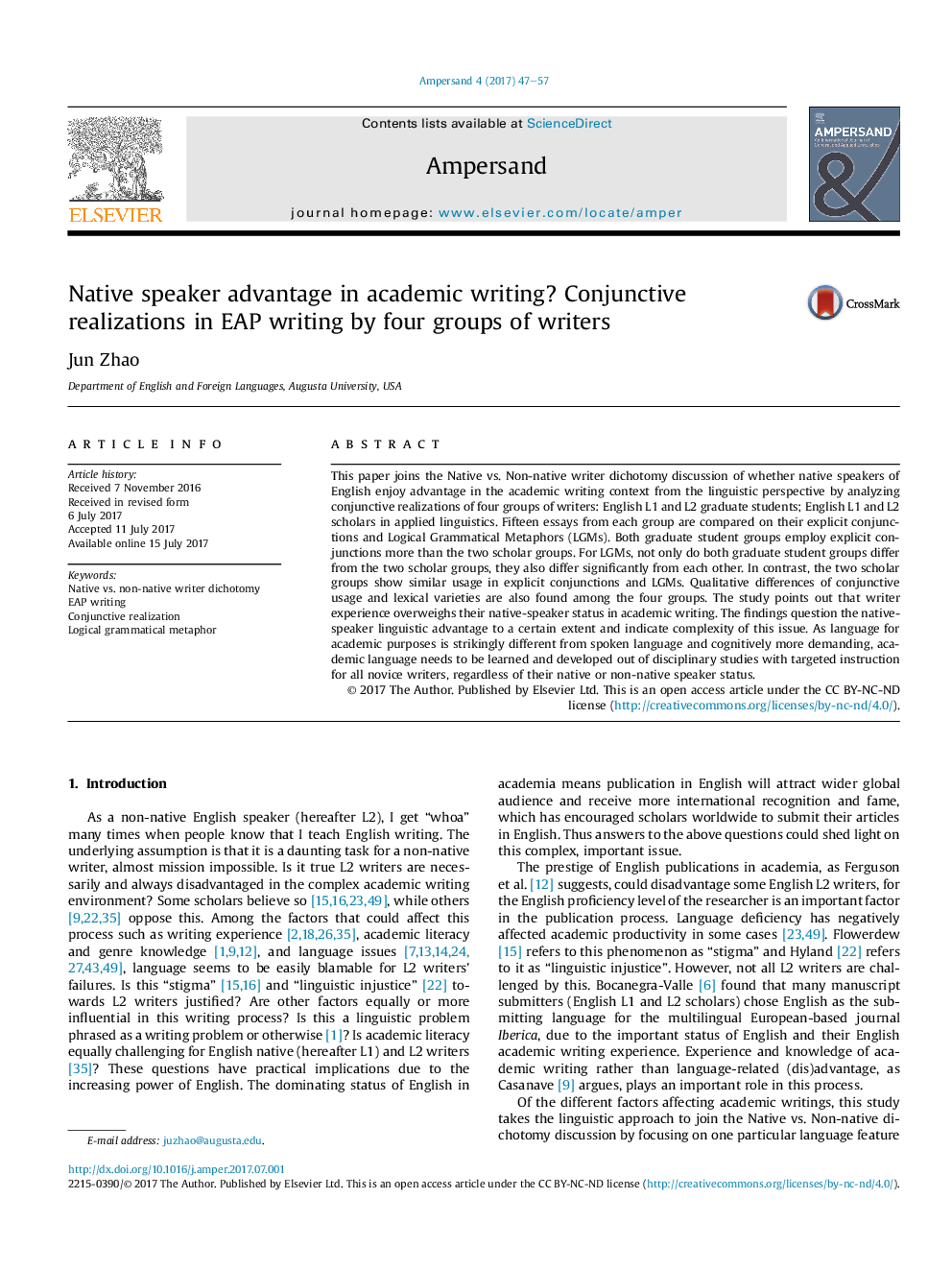 Native speaker advantage in academic writing? Conjunctive realizations in EAP writing by four groups of writers