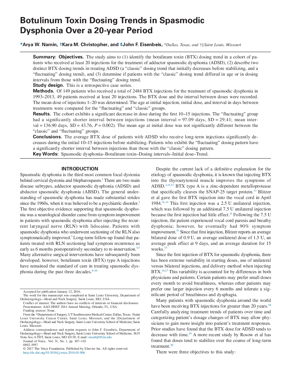دوز توکسین بوتولینوم در روند دیسفوناس اسپاسمودی در طول یک دوره 20 ساله 
