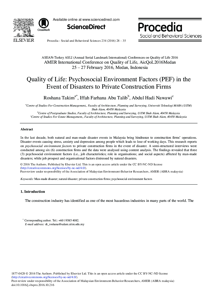 Quality of Life: Psychosocial Environment Factors (PEF) in the Event of Disasters to Private Construction Firms