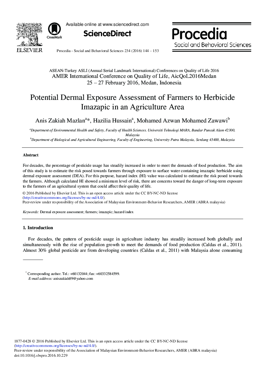 Potential Dermal Exposure Assessment of Farmers to Herbicide Imazapic in an Agriculture Area