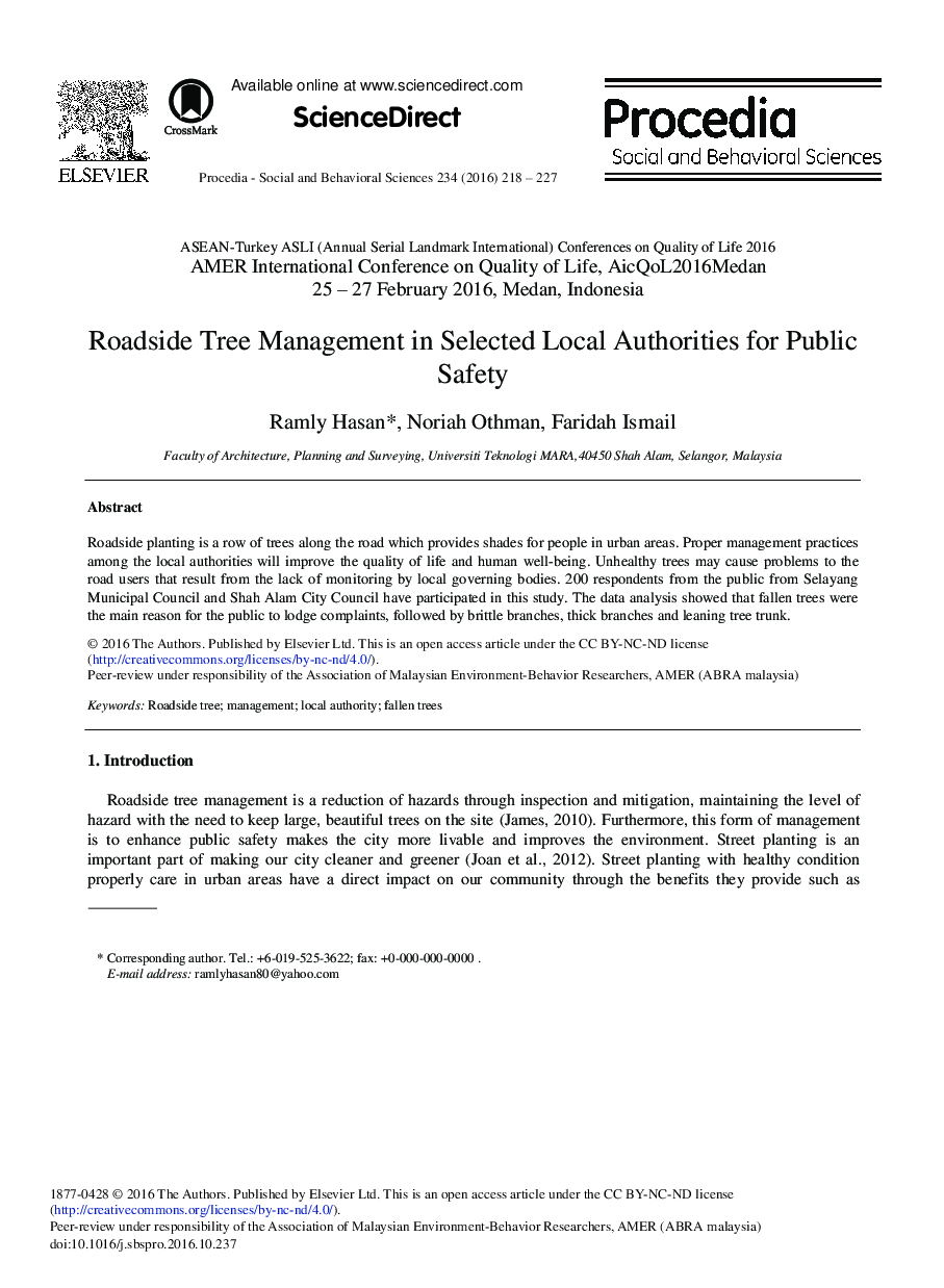Roadside Tree Management in Selected Local Authorities for Public Safety