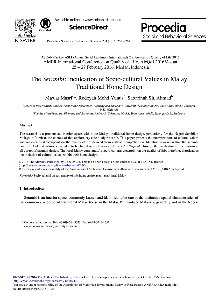 The Serambi: Inculcation of Socio-cultural Values in Malay Traditional Home Design