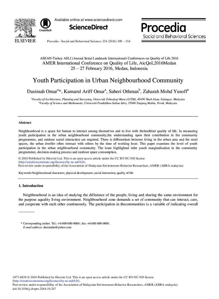 Youth Participation in Urban Neighbourhood Community