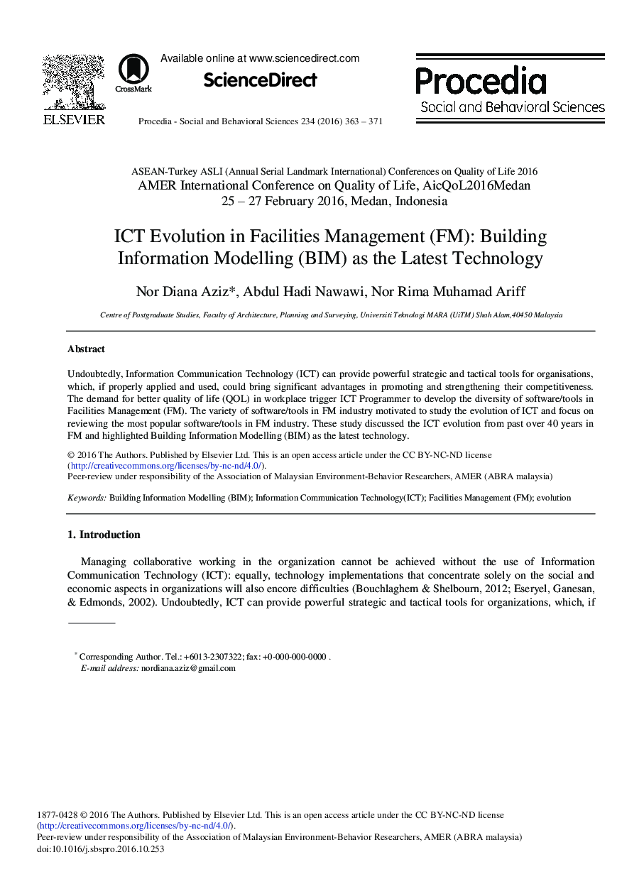 ICT Evolution in Facilities Management (FM): Building Information Modelling (BIM) as the Latest Technology