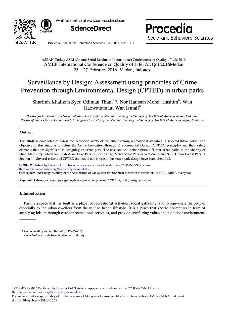 Surveillance by Design: Assessment Using Principles of Crime Prevention through Environmental Design (CPTED) in Urban Parks