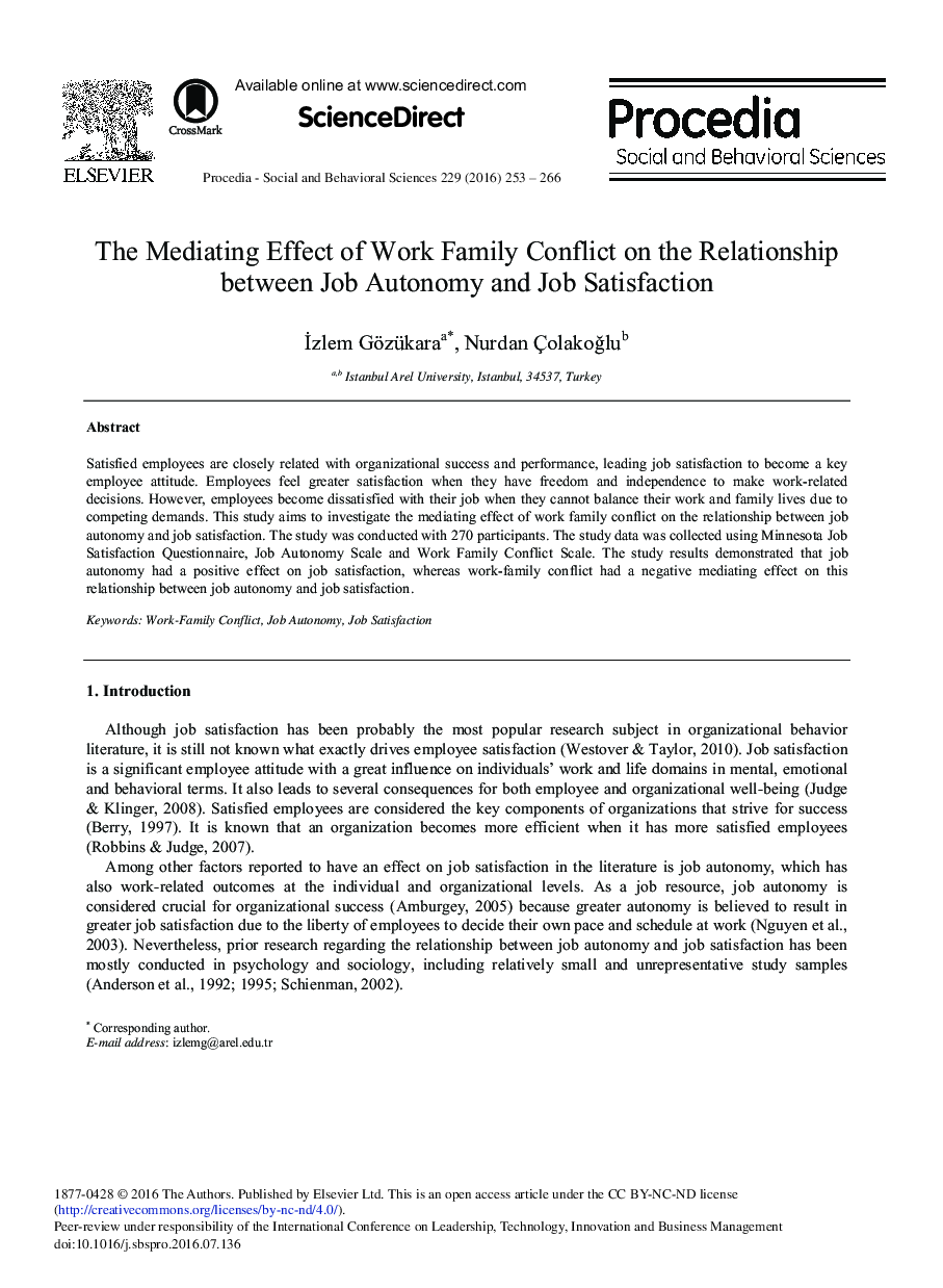 The Mediating Effect of Work Family Conflict on the Relationship between Job Autonomy and Job Satisfaction