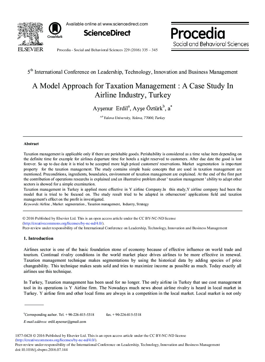 یک رویکرد مدل برای مدیریت مالیات: مطالعه موردی در صنعت هواپیمایی، ترکیه 