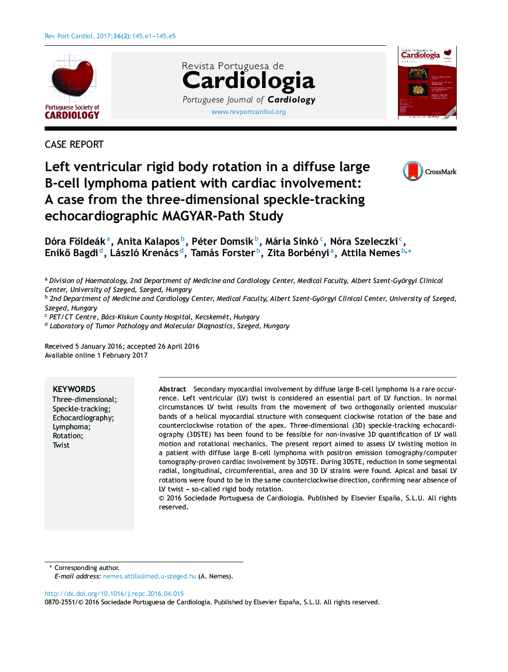 Left ventricular rigid body rotation in a diffuse large B-cell lymphoma patient with cardiac involvement: A case from the three-dimensional speckle-tracking echocardiographic MAGYAR-Path Study