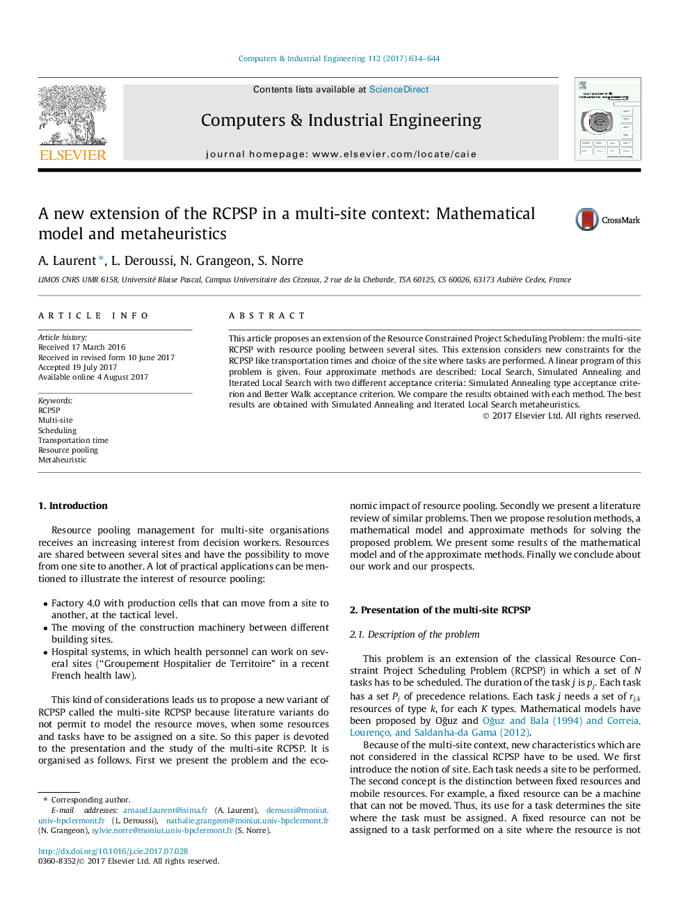 A new extension of the RCPSP in a multi-site context: Mathematical model and metaheuristics