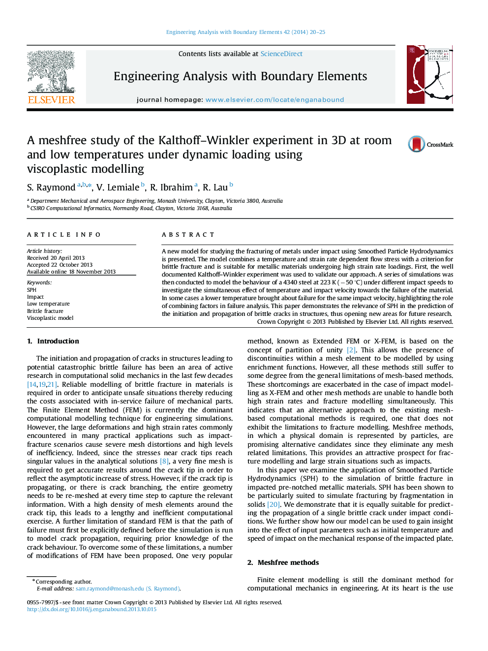A meshfree study of the Kalthoff–Winkler experiment in 3D at room and low temperatures under dynamic loading using viscoplastic modelling