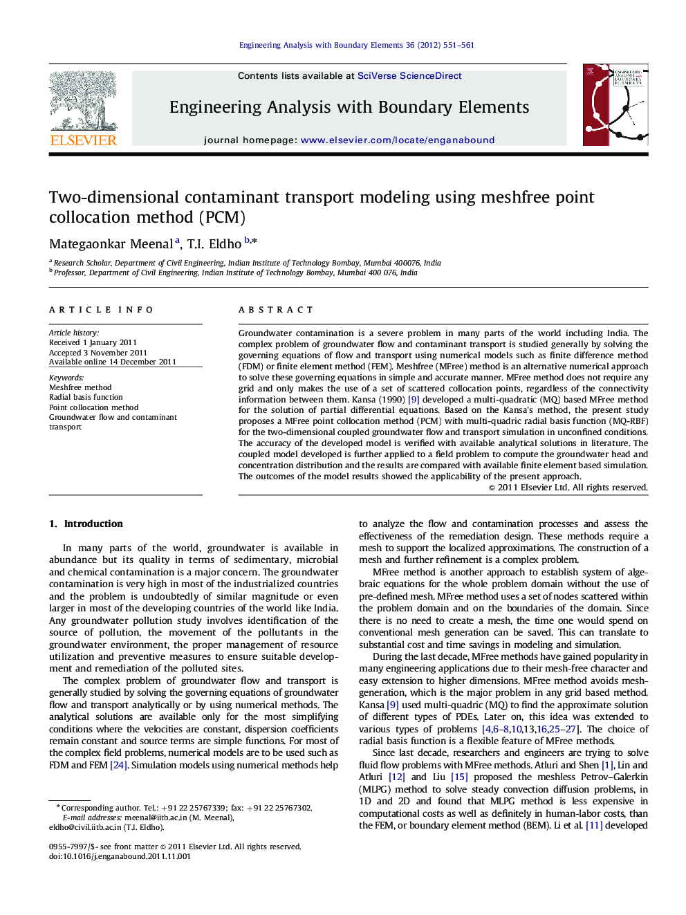 Two-dimensional contaminant transport modeling using meshfree point collocation method (PCM)