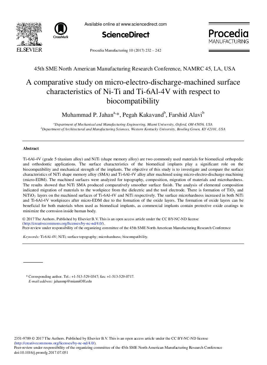 A Comparative Study on Micro-electro-discharge-machined Surface Characteristics of Ni-Ti and Ti-6Al-4V with Respect to Biocompatibility