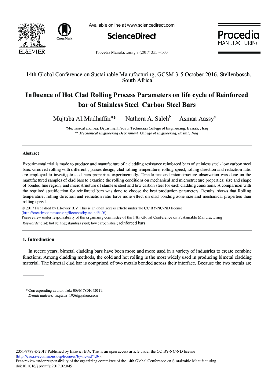 Influence of Hot Clad Rolling Process Parameters on Life Cycle of Reinforced bar of Stainless Steel Carbon Steel Bars