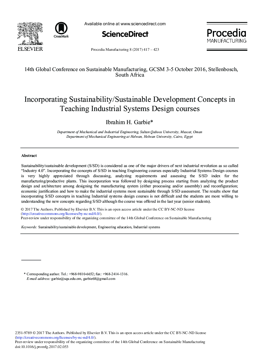 Incorporating Sustainability/Sustainable Development Concepts in Teaching Industrial Systems Design Courses