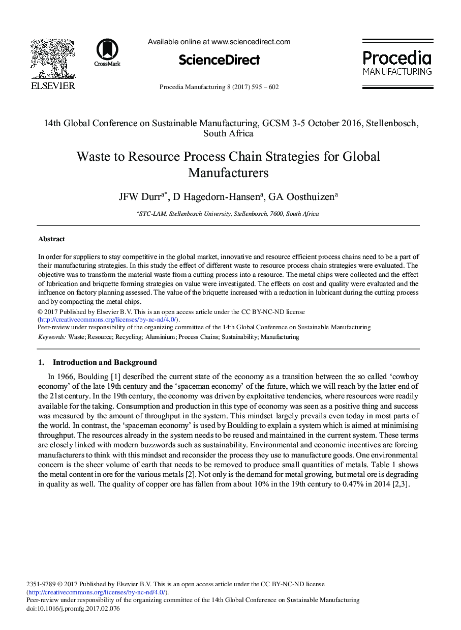 Waste to Resource Process Chain Strategies for Global Manufacturers