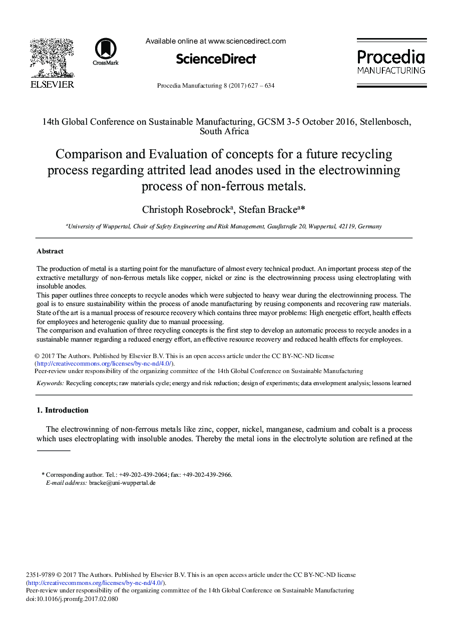 Comparison and Evaluation of Concepts for a Future Recycling Process Regarding Attrited Lead Anodes Used in the Electrowinning Process of Non-ferrous Metals