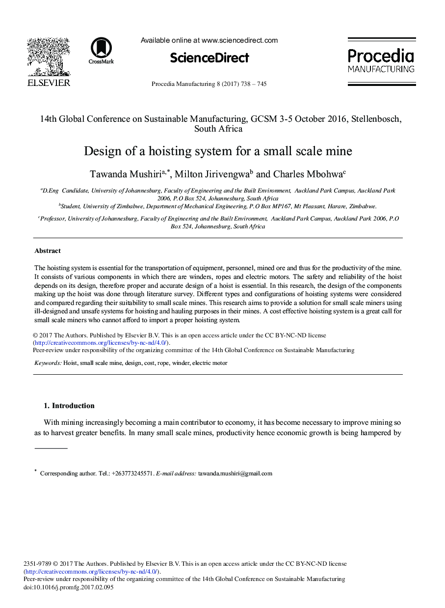 Design of a Hoisting System for a Small Scale Mine