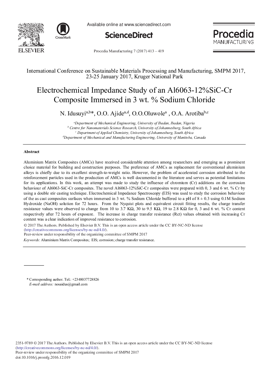 Electrochemical Impedance Study of an Al6063-12%SiC-Cr Composite Immersed in 3 wt. % Sodium Chloride