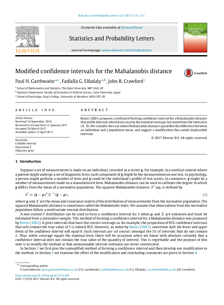 Modified confidence intervals for the Mahalanobis distance