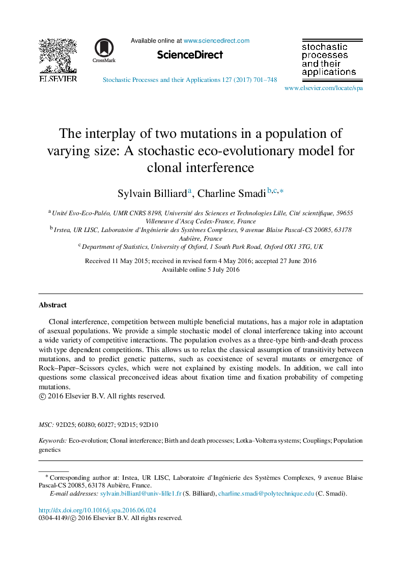 The interplay of two mutations in a population of varying size: A stochastic eco-evolutionary model for clonal interference