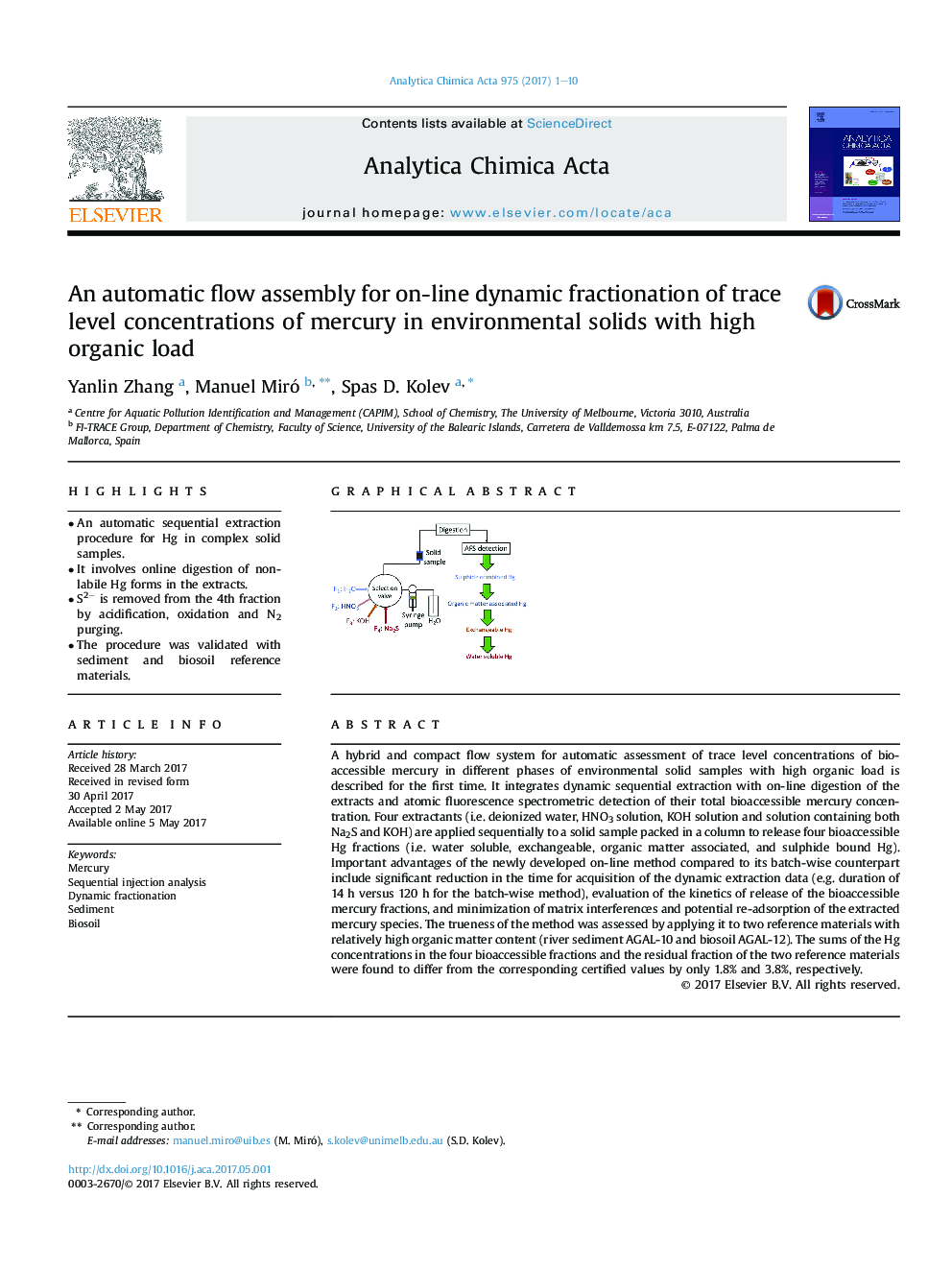 An automatic flow assembly for on-line dynamic fractionation of trace level concentrations of mercury in environmental solids with high organic load