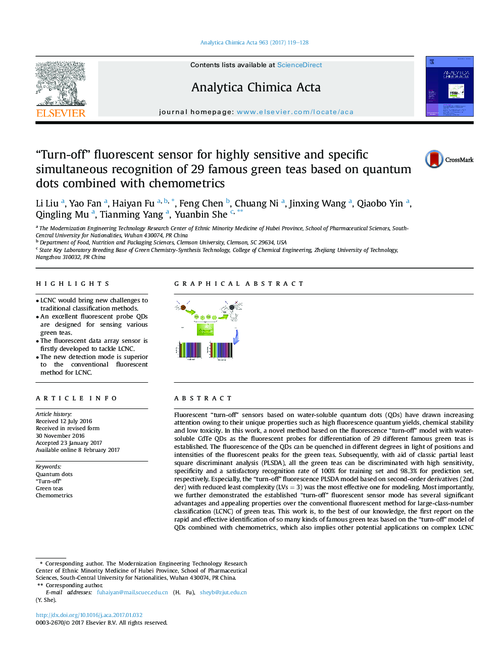 “Turn-off” fluorescent sensor for highly sensitive and specific simultaneous recognition of 29 famous green teas based on quantum dots combined with chemometrics