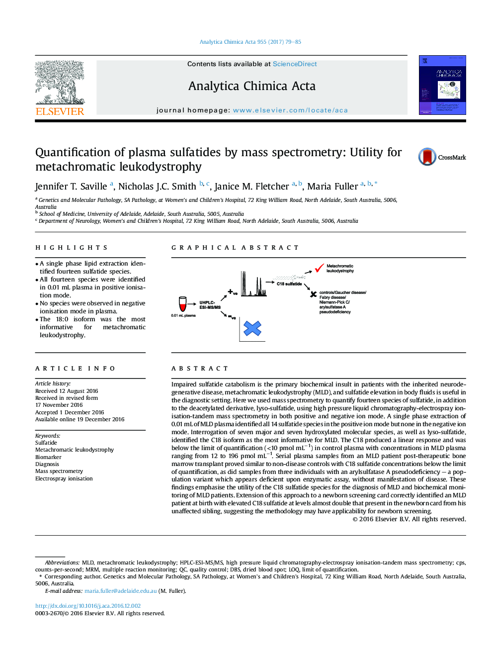 Quantification of plasma sulfatides by mass spectrometry: Utility for metachromatic leukodystrophy