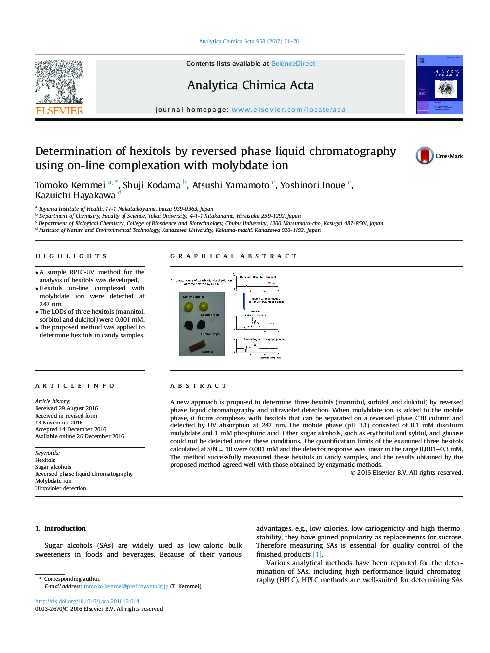 Determination of hexitols by reversed phase liquid chromatography using on-line complexation with molybdate ion