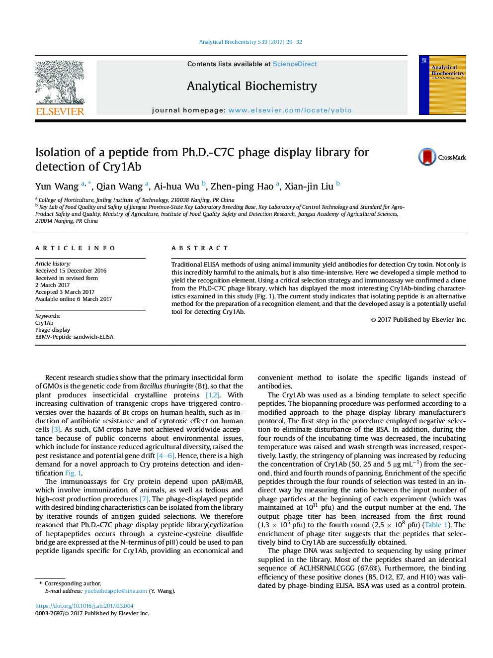 Isolation of a peptide from Ph.D.-C7C phage display library for detection of Cry1Ab