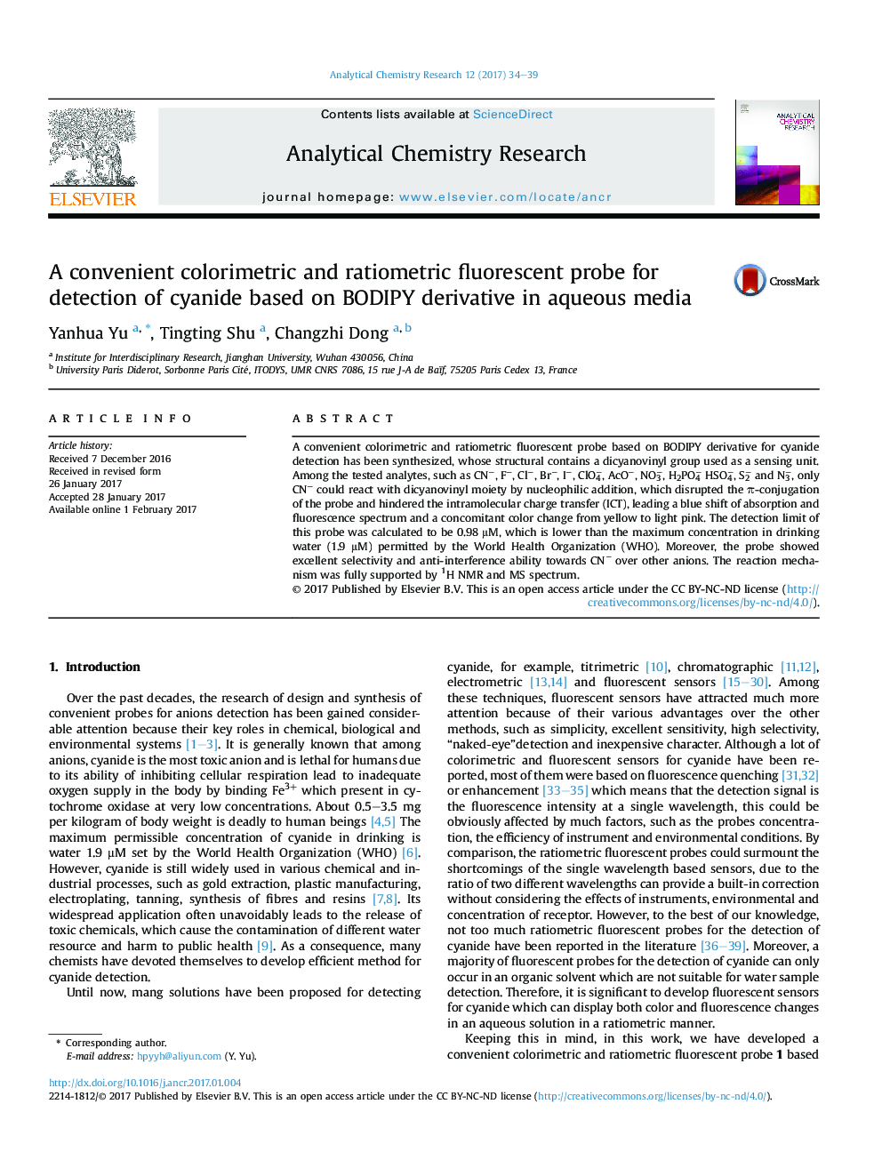 A convenient colorimetric and ratiometric fluorescent probe for detection of cyanide based on BODIPY derivative in aqueous media