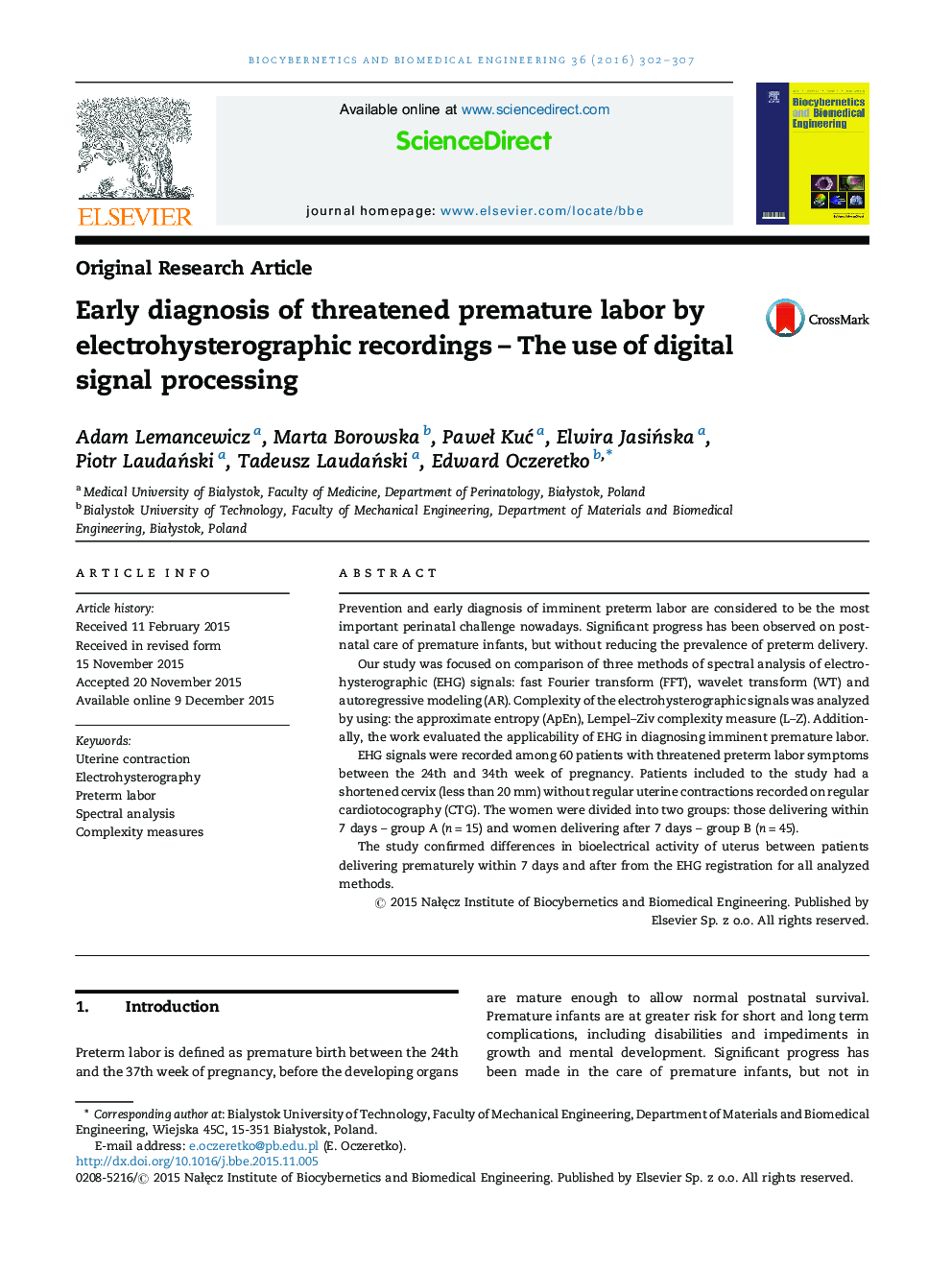 تشخیص زودهنگام زایمان زودرس در معرض خطر با ضبط electrohysterographic؛ استفاده از پردازش سیگنال دیجیتالی