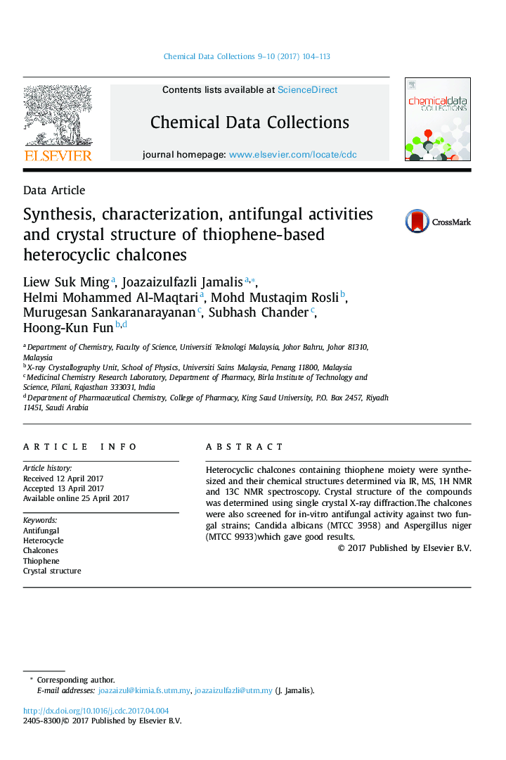 Synthesis, characterization, antifungal activities and crystal structure of thiophene-based heterocyclic chalcones