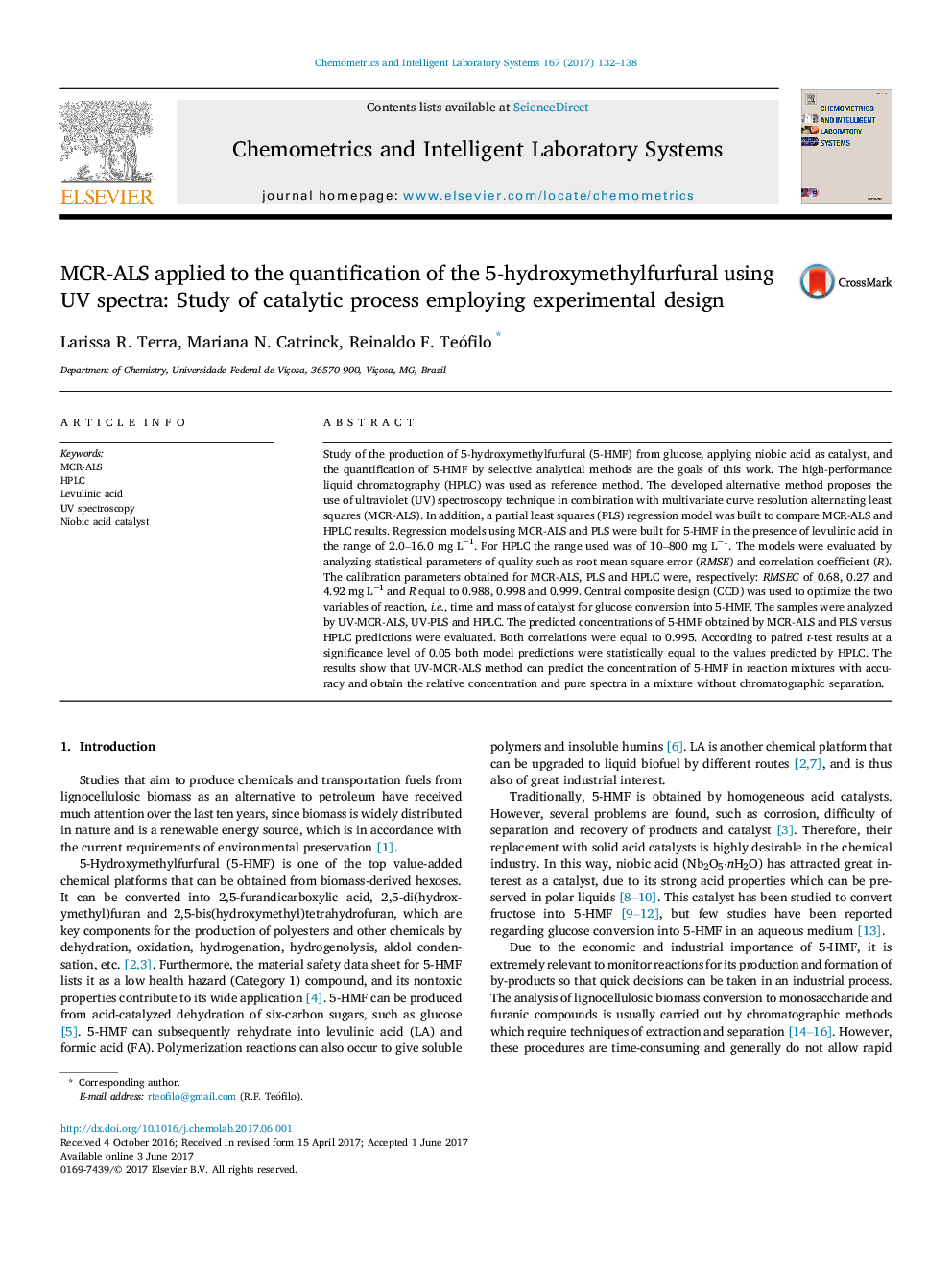 MCR-ALS applied to the quantification of the 5-hydroxymethylfurfural using UV spectra: Study of catalytic process employing experimental design