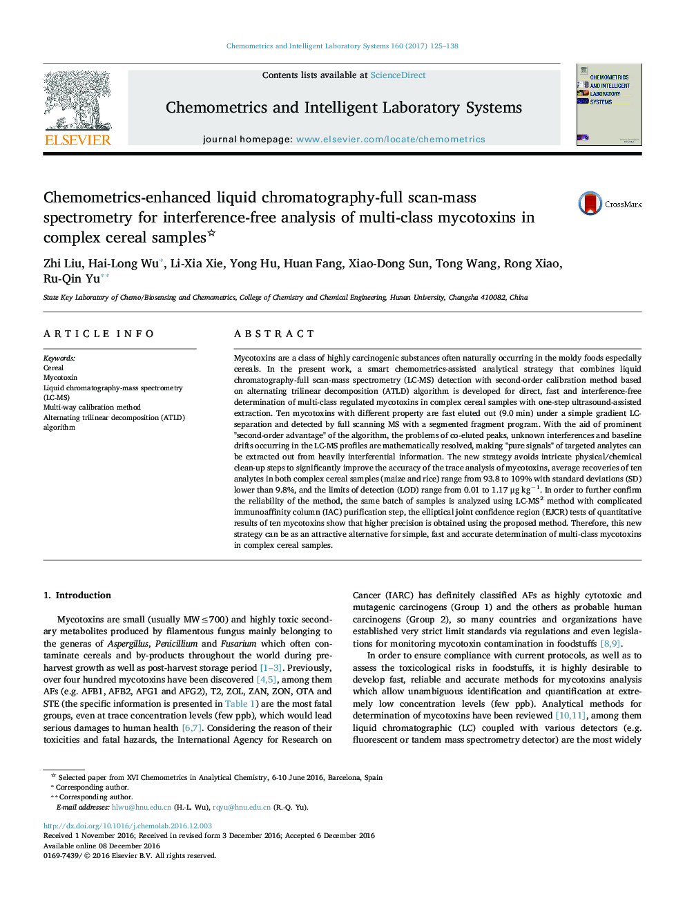 Chemometrics-enhanced liquid chromatography-full scan-mass spectrometry for interference-free analysis of multi-class mycotoxins in complex cereal samples