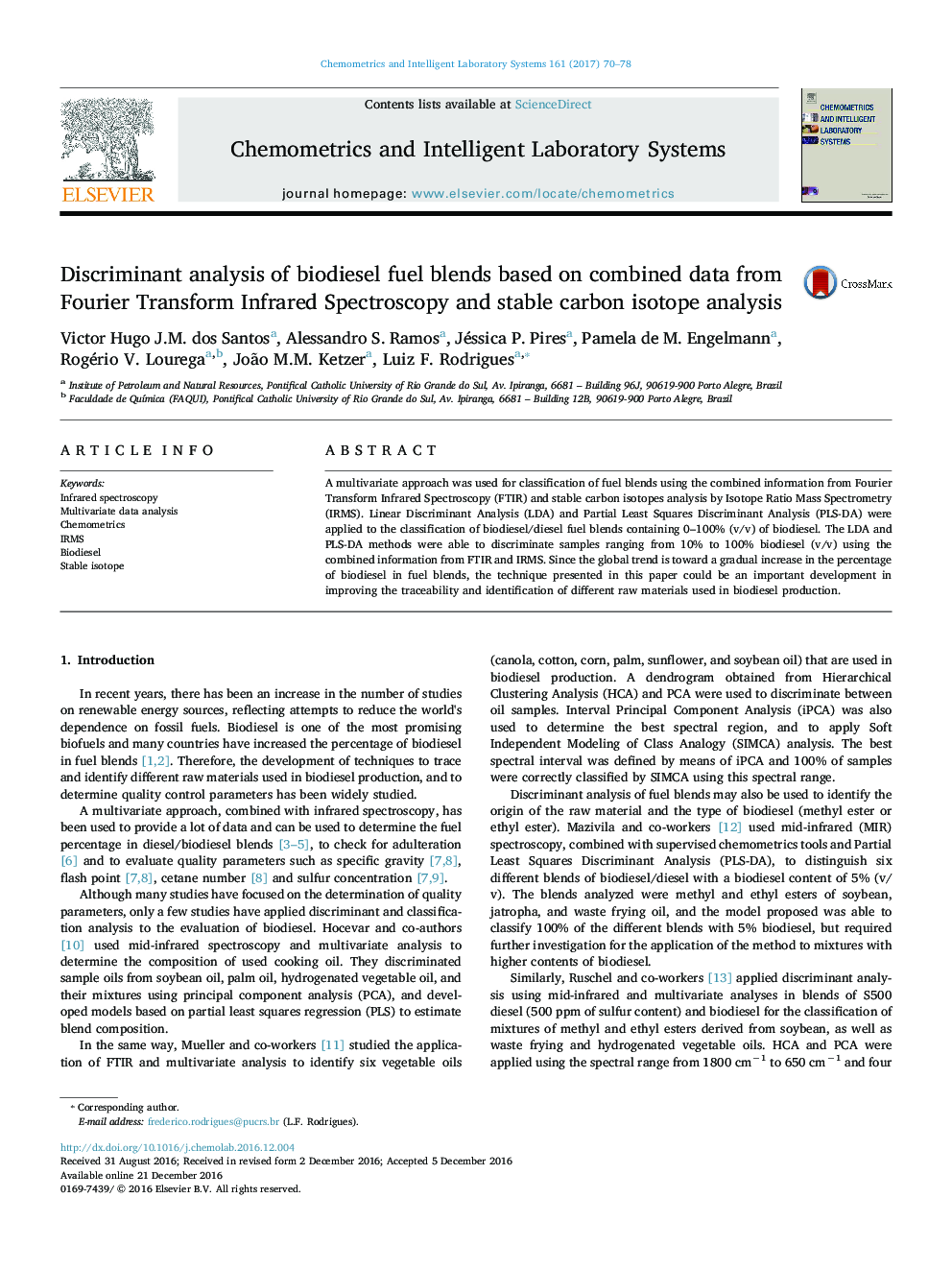 Discriminant analysis of biodiesel fuel blends based on combined data from Fourier Transform Infrared Spectroscopy and stable carbon isotope analysis